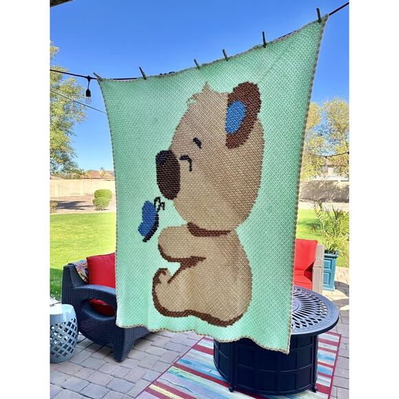 Vintage Baby Bear & Butterfly Afghan Nursery Crochet Knit Crib Blanket Handmade - Picture 2 of 4